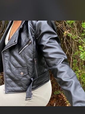 Fashion Nova Black Quilted Faux Leather Moto Jacket
